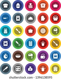White Solid Icon Set- pan vector, cook hat, apron, glove, timer, whisk, spatula, knife, grater, oven, cookbook, sieve, dish, mixer, multi cooker, toaster, double boiler
