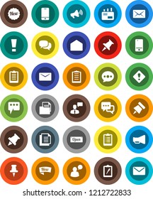 White Solid Icon Set- paper pin vector, clipboard, document, loudspeaker, mobile phone, dialog, speaking man, thumbtack, mail, message, attention sign, new, open