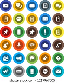 White Solid Icon Set- paper pin vector, clipboard, document, loudspeaker, mobile phone, dialog, speaking man, thumbtack, mail, message, attention sign, new, open