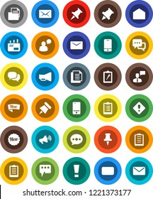 White Solid Icon Set- paper pin vector, clipboard, document, loudspeaker, mobile phone, dialog, speaking man, thumbtack, mail, message, attention sign, new