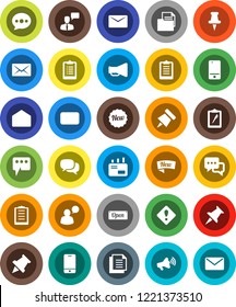 White Solid Icon Set- paper pin vector, clipboard, document, loudspeaker, mobile phone, dialog, speaking man, thumbtack, mail, message, attention sign, new, open