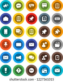White Solid Icon Set- paper pin vector, clipboard, document, loudspeaker, mobile phone, dialog, speaking man, thumbtack, mail, message, attention sign, new, open
