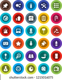 White Solid Icon Set- pen vector, notebook pc, paper pin, molecule, flask, laptop graph, dollar growth, check, stopwatch, clipboard, punching bag, water bottle, weight, big scales, film spool, menu