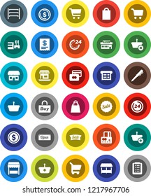 White Solid Icon Set- pen vector, dollar coin, cart, credit card, office, shelving, sale, open, 24 hour, shopping bag, market, store, mall, buy, receipt, basket, list