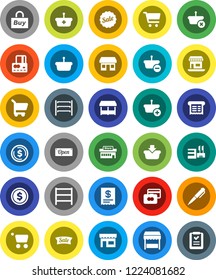White Solid Icon Set- pen vector, dollar coin, cart, credit card, office, shelving, sale, open, market, store, mall, buy, receipt, basket, shopping list