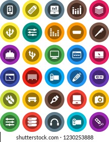 White Solid Icon Set- pen vector, laptop graph, barcode, music hit, camera, equalizer, remote control, headphones, notebook pc, hdmi, big data, browser, lan connector, bench, route arrow, tap pay