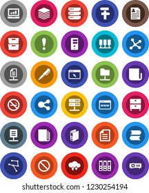 White Solid Icon Set- pen vector, document, archive, laptop graph, binder, personal information, prohibition sign, no smoking, attention, newspaper, network, server, folder, cloud exchange, big data