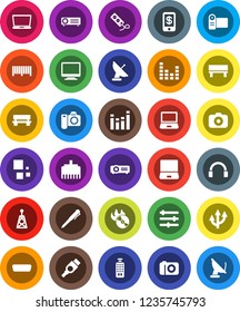 White Solid Icon Set- pen vector, music hit, camera, antenna, equalizer, remote control, headphones, notebook pc, hdmi, lan connector, bench, loading, route arrow, barcode, tap pay, monitor, video