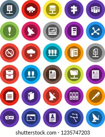 White Solid Icon Set- pen vector, document, archive, personal information, laptop graph, binder, no smoking, signpost, attention, satellite antenna, network, server, folder, cloud exchange, browser