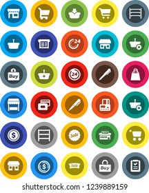 White Solid Icon Set- pen vector, dollar coin, cart, credit card, office, shelving, sale, 24 hour, shopping bag, market, store, mall, buy, receipt, basket, list