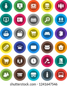 White Solid Icon Set- pen vector, cart, japanese candle, clock, man, binder, tie, safe, monitor dollar, money, document, dry cargo, search, barcode, group, mail, server, network, rooms signboard