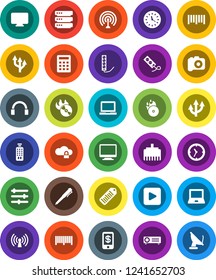 White Solid Icon Set- pen vector, notebook pc, clock, barcode, music hit, camera, antenna, remote control, headphones, play button, cloud lock, big data, equalizer, lan connector, route arrow