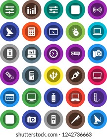 White Solid Icon Set- pen vector, notebook pc, laptop graph, clock, music hit, equalizer, remote control, stop button, forward, hdmi, browser, route arrow, wireless, calculator, tap pay, monitor