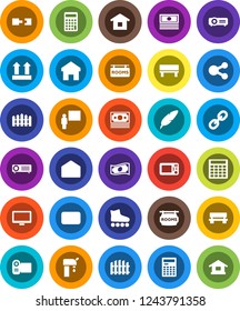 White Solid Icon Set- pen vector, blackboard, calculator, cash, roller Skates, money, top sign, monitor, link, mail, share, home, bench, connection, water supply, fence, rooms signboard, projector