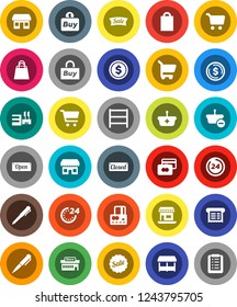 White Solid Icon Set- pen vector, dollar coin, cart, credit card, office, shelving, sale, open, closed, 24 hour, shopping bag, market, store, mall, buy, receipt, basket, list