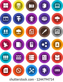 White Solid Icon Set- pen vector, notebook pc, document, archive, personal information, laptop graph, binder, prohibition sign, signpost, satellite antenna, newspaper, network, server, cloud, share