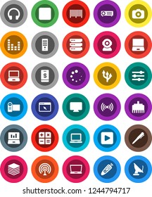 White Solid Icon Set- pen vector, notebook pc, laptop graph, camera, antenna, equalizer, remote control, headphones, play button, forward, big data, browser, lan connector, loading, route arrow, web