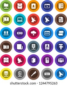 White Solid Icon Set- pen vector, notebook pc, archive, personal information, binder, attention, satellite antenna, newspaper, server, network folder, browser, cloud download, document, open, phone