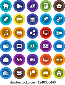 White Solid Icon Set- pen vector, blackboard, glasses, calculator, music, cash, roller Skates, top sign, film frame, monitor, link, mail, share, home, bench, connection, fence, rooms signboard