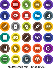 White Solid Icon Set- pen vector, clock, barcode, music hit, camera, antenna, equalizer, remote control, notebook pc, stop button, hdmi, cloud lock, browser, lan connector, bench, route arrow, video