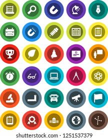 White Solid Icon Set- pen vector, pencil, school building, blackboard, corner ruler, drawing compass, glasses, backpack, atom, telescope, microscope, bell, table lamp, notebook pc, alarm clock, bus