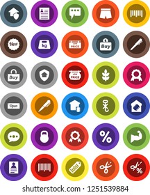 White Solid Icon Set- pen vector, medal, personal information, muscule hand, shorts, cereals, no hook, weight, barcode, message, low price signboard, smart home, protect, new, open, percent, buy