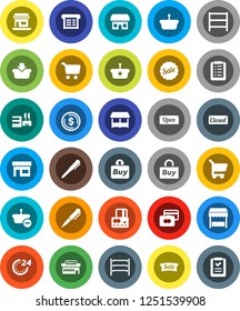 White Solid Icon Set- pen vector, dollar coin, cart, credit card, office, shelving, sale, open, closed, 24 hour, market, store, mall, buy, receipt, basket, shopping list