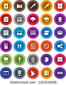White Solid Icon Set- pen vector, notebook pc, document, archive, laptop graph, binder, personal information, prohibition sign, signpost, attention, satellite antenna, server, network folder, cloud