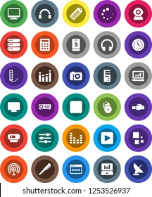 White Solid Icon Set- pen vector, laptop graph, clock, barcode, music hit, antenna, equalizer, headphones, play button, stop, big data, browser, lan connector, loading, calculator, tap pay, monitor