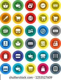 White Solid Icon Set- pen vector, dollar coin, cart, credit card, office, shelving, sale, open, closed, 24 hour, shopping bag, market, store, mall, receipt, basket, list