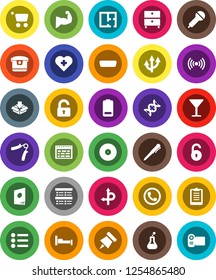 White Solid Icon Set- pen vector, schedule, paper pin, archive, exam, clipboard, hand trainer, muscule, heart cross, route, glass, disk, microphone, battery, hdmi, flask, dna, arrow, unlock, plan