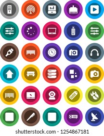 White Solid Icon Set- pen vector, laptop graph, arrow up, clock, barcode, music hit, camera, antenna, remote control, headphones, notebook pc, play button, stop, forward, hdmi, big data, equalizer