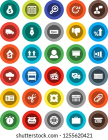 White Solid Icon Set- pen vector, case, alarm clock, schedule, world, graph, percent growth, money bag, dollar, receipt, presentation board, any currency, sea container, car, top sign, speaking man