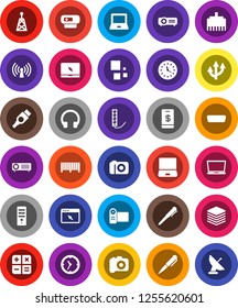 White Solid Icon Set- pen vector, notebook pc, clock, camera, antenna, headphones, hdmi, big data, browser, lan connector, loading, route arrow, wireless, barcode, calculator, tap pay, video, web