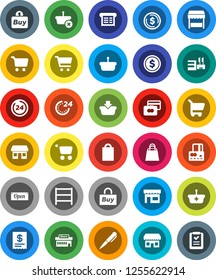 White Solid Icon Set- pen vector, dollar coin, cart, credit card, office, shelving, open, 24 hour, shopping bag, market, store, mall, buy, receipt, basket, list