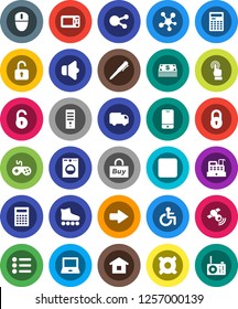 White Solid Icon Set- pen vector, calculator, notebook pc, any currency, roller Skates, satellitie, speaker, gamepad, mobile phone, touchscreen, social media, pause button, disabled, arrow, lock