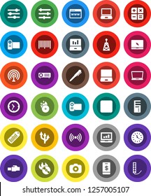 White Solid Icon Set- pen vector, laptop graph, clock, barcode, music hit, camera, antenna, notebook pc, stop button, browser, equalizer, lan connector, route arrow, wireless, calculator, tap pay