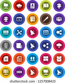 White Solid Icon Set- pen vector, document, archive, personal information, signpost, attention, satellite antenna, newspaper, network, server, folder, cloud exchange, browser, share, download, phone