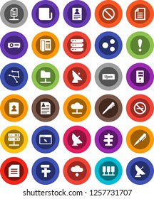 White Solid Icon Set- pen vector, document, personal information, prohibition sign, no smoking, signpost, attention, satellite antenna, newspaper, network, server, folder, cloud, big data, browser