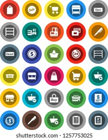 White Solid Icon Set- pen vector, dollar coin, credit card, office, shelving, sale, open, closed, 24 hour, shopping bag, market, mall, buy, receipt, basket, cart, list