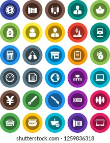 White Solid Icon Set- pen vector, calculator, notebook pc, dollar coin, japanese candle, crisis, manager, clock, man, hierarchy, yen sign, boxing glove, earth, phone, client, clipboard, document