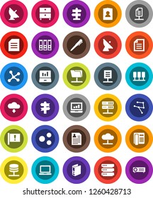 White Solid Icon Set- pen vector, notebook pc, document, archive, laptop graph, binder, personal information, signpost, attention, satellite antenna, network, server, folder, cloud, big data, share