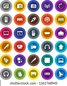 White Solid Icon Set- pen vector, notebook pc, laptop graph, arrow up, barcode, music hit, camera, antenna, headphones, stop button, hdmi, browser, lan connector, bench, loading, route, wireless