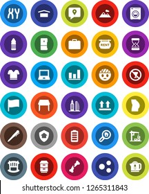 White Solid Icon Set- pen vector, notebook pc, flag, graph, case, buttocks, t shirt, water bottle, no alcohol sign, traking, dry cargo, top, battery, broken bone, sand clock, chromosomes, share