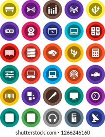 White Solid Icon Set- pen vector, notebook pc, clock, barcode, antenna, equalizer, headphones, stop button, forward, cloud lock, big data, browser, lan connector, bench, loading, route arrow