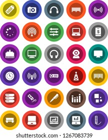 White Solid Icon Set- pen vector, laptop graph, clock, barcode, antenna, equalizer, headphones, notebook pc, big data, lan connector, bench, loading, wireless, tap pay, monitor, camera, web
