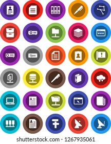 White Solid Icon Set- pen vector, notebook pc, document, archive, personal information, binder, attention, satellite antenna, newspaper, network, server, folder, cloud exchange, big data, browser