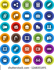 White Solid Icon Set- pen vector, blackboard, glasses, calculator, roller Skates, money, dry cargo, top sign, film frame, link, mail, share, bench, water supply, fence, rooms signboard, home, camera