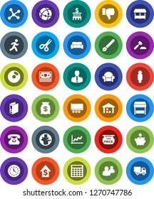 White Solid Icon Set- pen vector, scissors, world, graph, pie, piggy bank, dollar growth, auction, building, calculator, man, binder, run, money, phone, client, truck trailer, clock, warehouse, bag