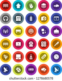 White Solid Icon Set- pen vector, laptop graph, arrow up, clock, barcode, music hit, camera, antenna, remote control, headphones, notebook pc, cloud lock, big data, browser, lan connector, bench